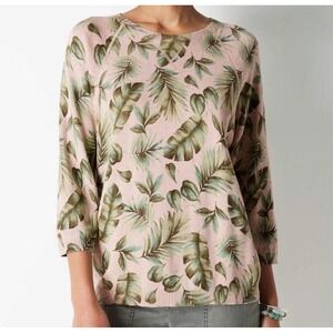 J Jill Pullover Soft Sweater SZ L Thin Knit Casual Cotton Tan Green Palm Floral